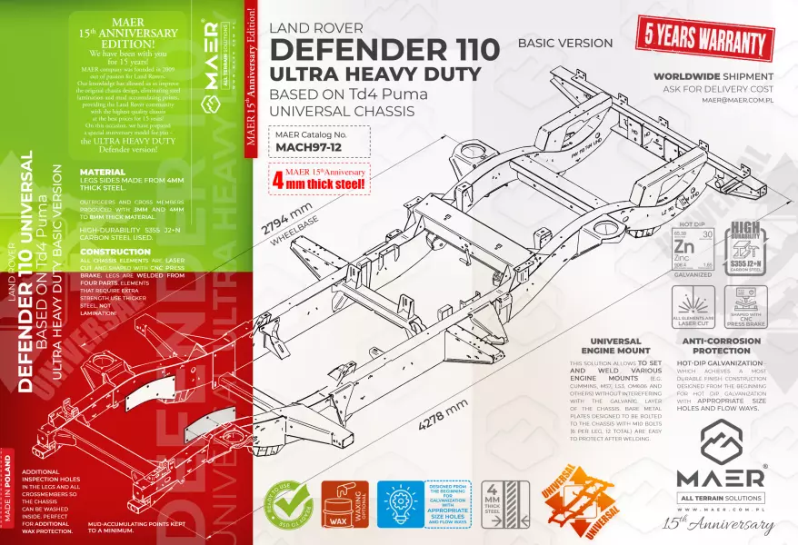 Land Rover DEFENDER 110 UNIVERSAL based on Td4 Puma galvanised chassis ULTRA HEAVY DUTY - BASIC