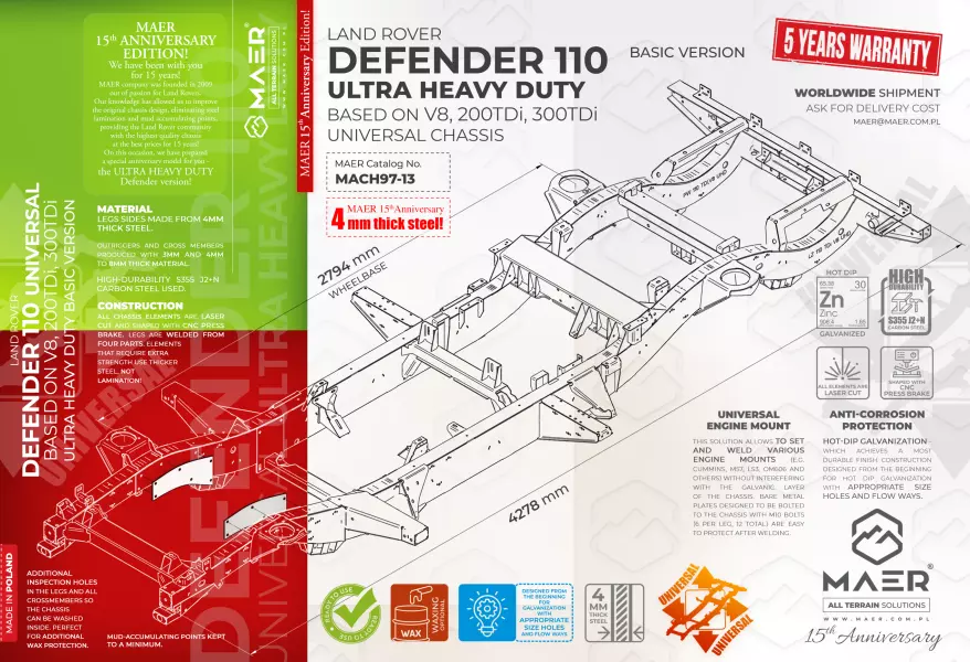 Land Rover DEFENDER 110 UNIVERSAL based on V8/200TDi/300TDi galvanised chassis ULTRA HEAVY DUTY - BASIC