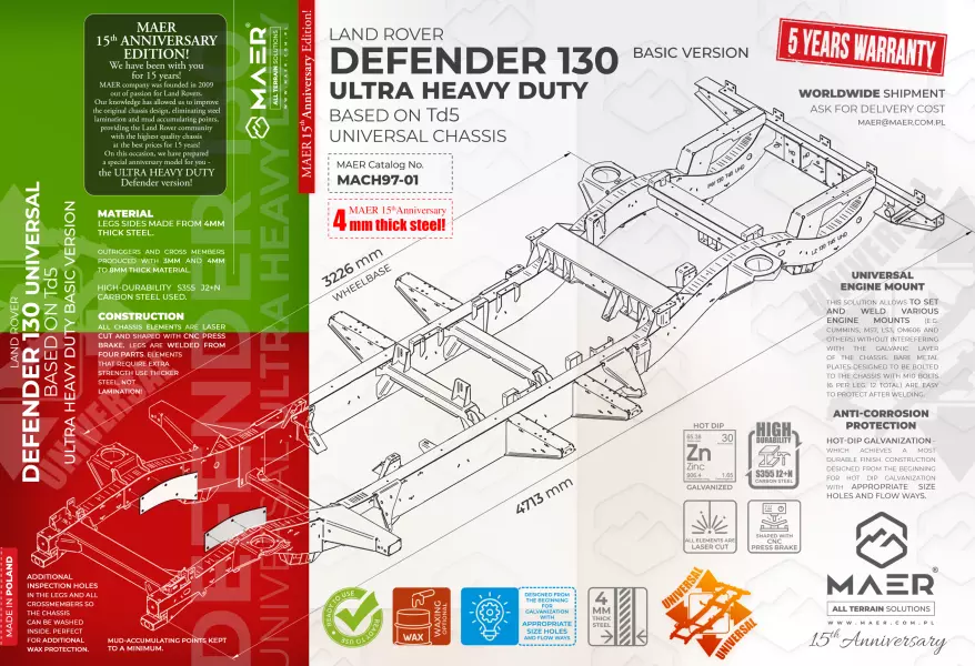 Land Rover DEFENDER 130 UNIVERSAL based on Td5 galvanised chassis ULTRA HEAVY DUTY 