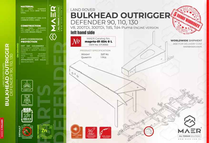 Land Rover Defender  90, 110, 130  V8, 200 TDi, 300 TDi, Td5, Td4 Puma BULKHEAD OUTRIGGER  left