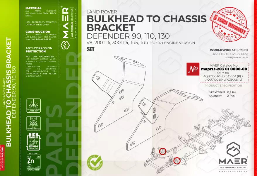 Land Rover Defender  90, 110, 130  V8, 200TDi, 300TDi, Td5, Td4 Puma BULKHEAD TO CHASSIS BRACKET