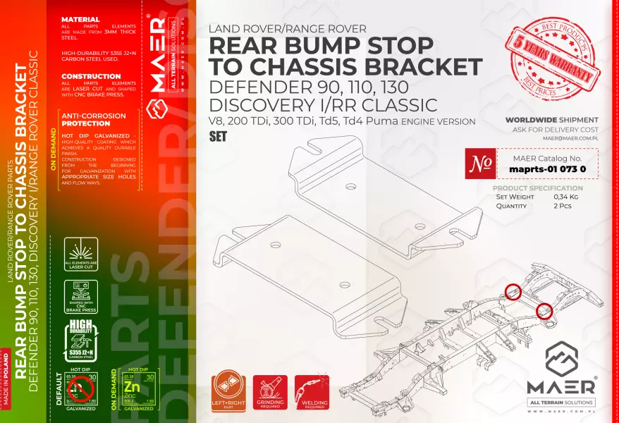 Land Rover DEFENDER 90, 110, 130  DISCOVERY I/RRC V8, 200TDi, 300TDi, Td5, Td4 Puma GALVANISED REAR BUMP STOP
TO CHASSIS BRACKET set