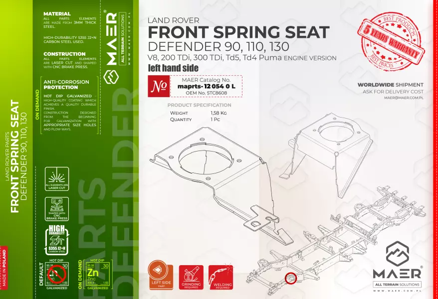 Land Rover Defender  90, 110, 130  V8, 200 TDi, 300 TDi, Td5, Td4 Puma FRONT SPRING SEAT left