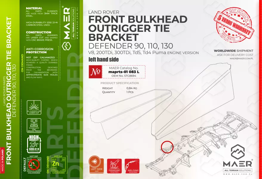 Land Rover Defender  90, 110, 130  V8, 200 TDi, 300 TDi, Td5, Td4 Puma FRONT BULKHEAD OUTRIGGER TIE BRACKET left